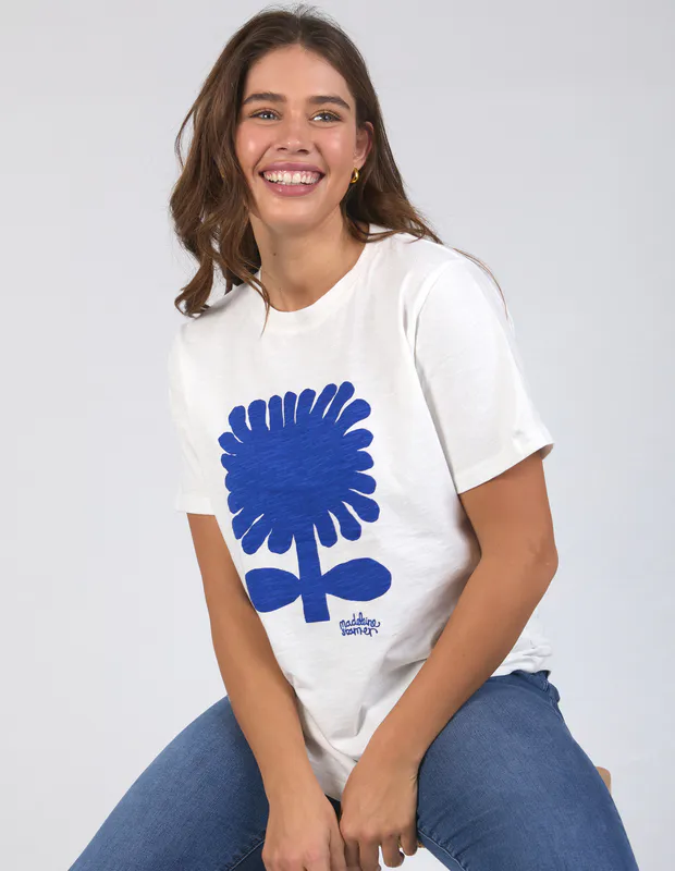 Model wearing Marshmallow Madeleine Stamper Tee By Elm Available at Beetees Nelson