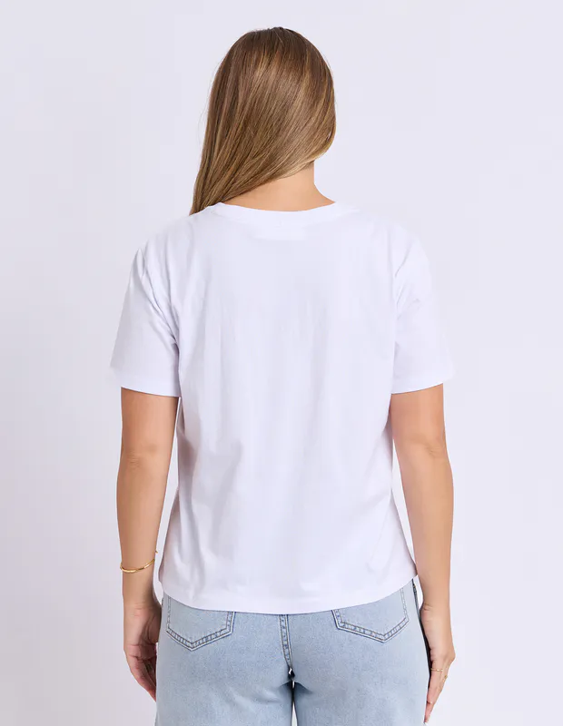 Model wearing White Fraiche Tee By Foxwood Available at Beetees Nelson