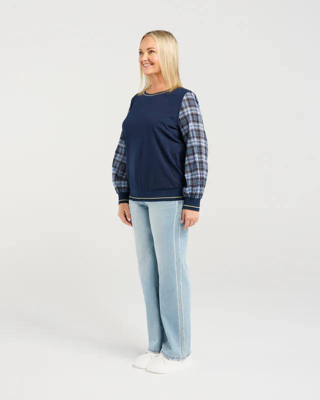 Model wearing Navy (Plaid Night) Isadora Top By Zafina Available at Beetees Nelson