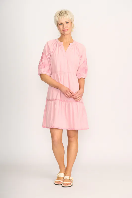 Model wearing Pink Embroidered Tiered Dress By Foil Available at Beetees Nelson