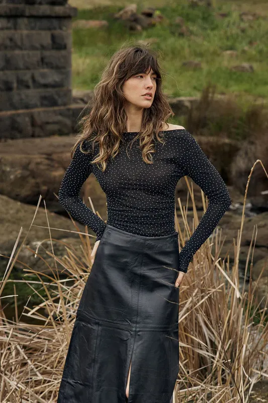 Model wearing Black Sora Studded Top By Fate & Backer Available at Beetees Nelson
