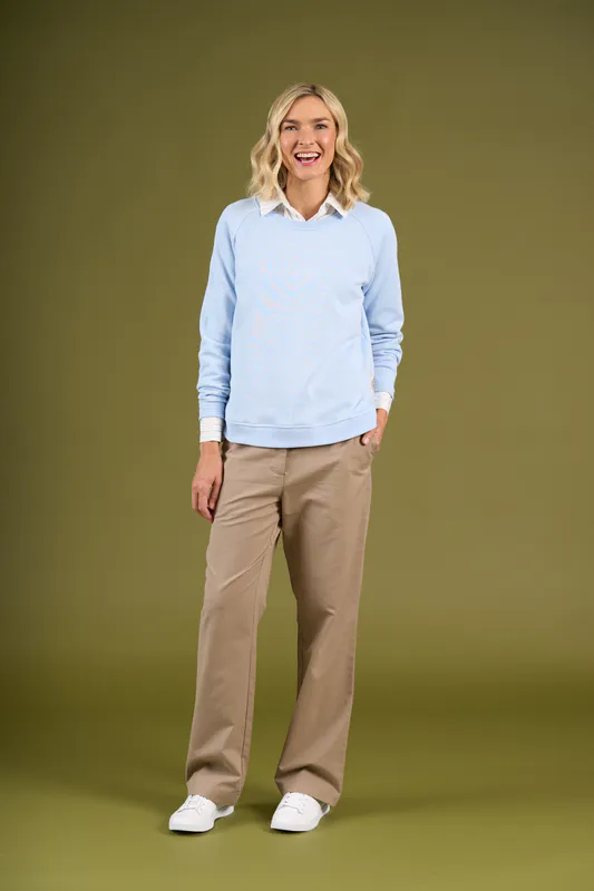 Model wearing Ice Brunswick Crew By Charlie Jane Available at Beetees Nelson