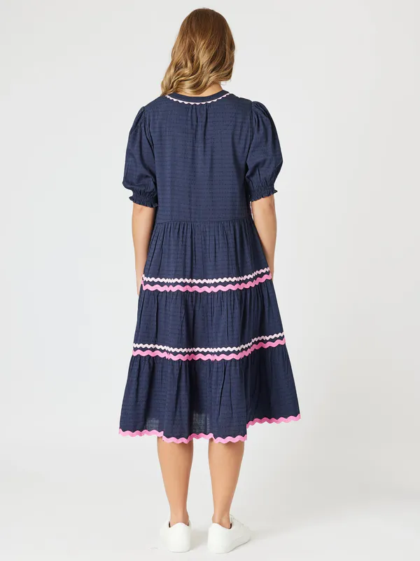 Model wearing Navy Ric Rac Dress By Threadz Available at Beetees Nelson