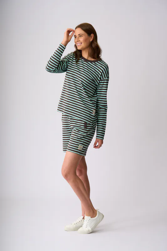 Model wearing Chocolate Seabreeze Stripe Stewart Sweater By Charlie Jane Available at Beetees Nelson