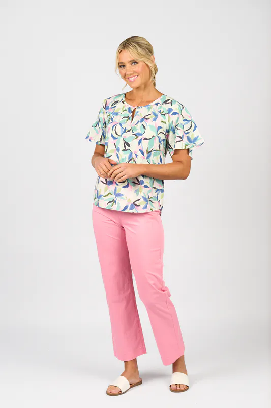 Model wearing Soleil Printed Floaty Sleeve Top with Front Keyhole By Vassalli Available at Beetees Nelson