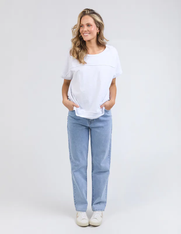 Model wearing white Allison Tee By Foxwood Available at Beetees Nelson