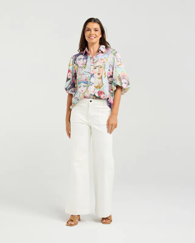Model wearing Frida Print Jojoba Top By NMBR Rose Available at Beetees Nelson