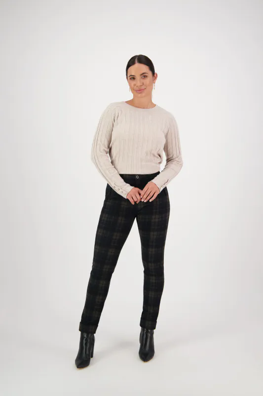 Model wearing Surrey Coloured Skinny Leg Full Length Ponti Pant with Cuff By Vassalli Available at Beetees Nelson