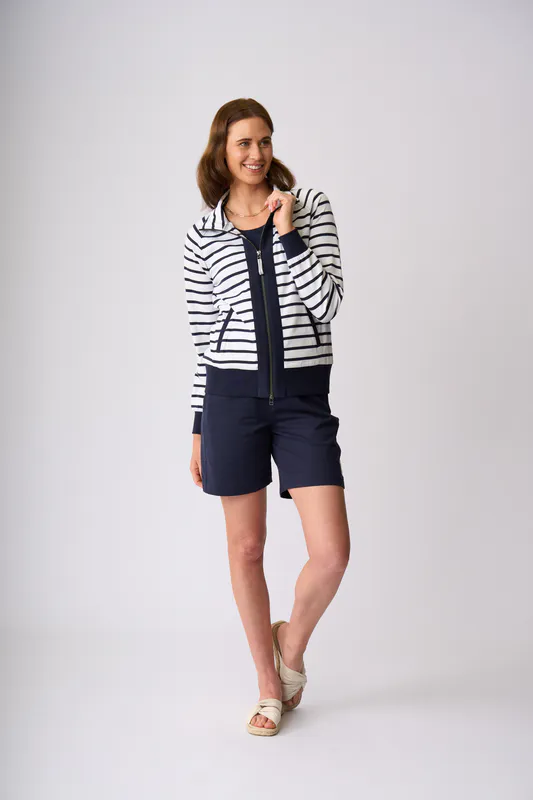 Model wearing White Navy Stripe Featherson Zip Sweater By Charlie Jane Available at Beetees Nelson