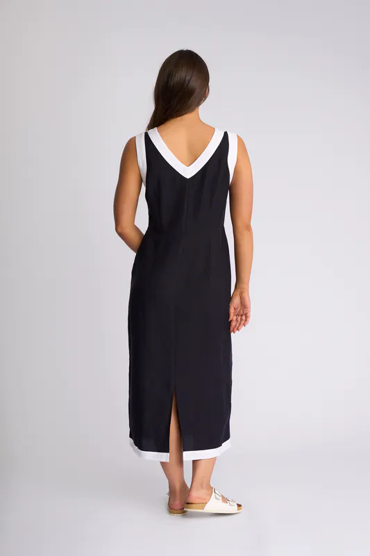 Model wearing Ink/White Oak Dress By Vassalli Available at Beetees Nelson