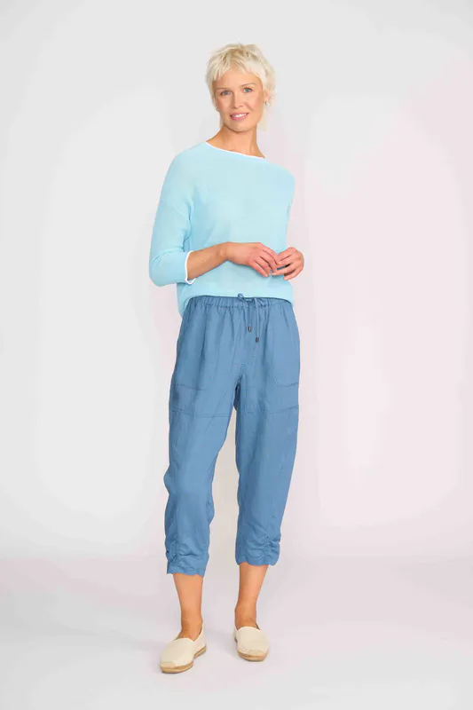 Model wearing Blue Draped Panel Detail Trousers By OH Three Available at Beetees Nelson