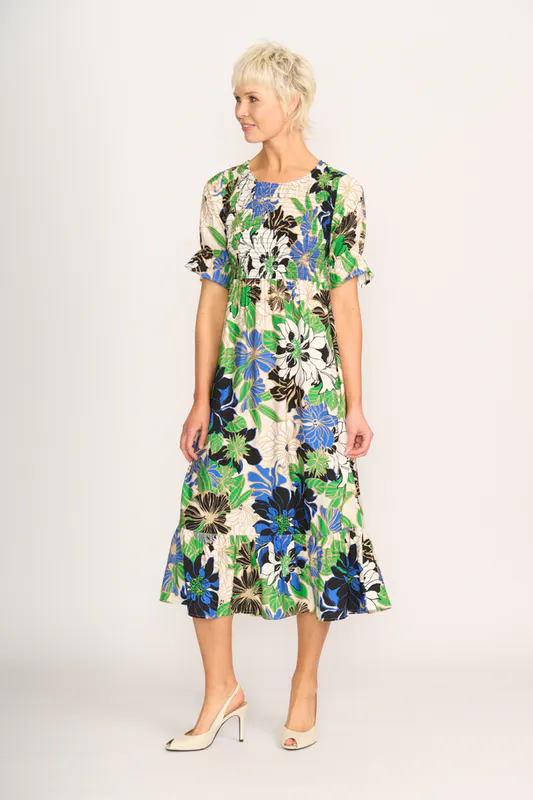Model wearing Floral Delight Dress - Midi, Shirred Bodice By Foil Available at Beetees Nelson