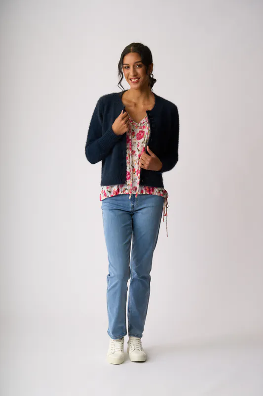 Model wearing Midnight Fluffy Scoop Cardigan By Foil Available at Beetees Nelson