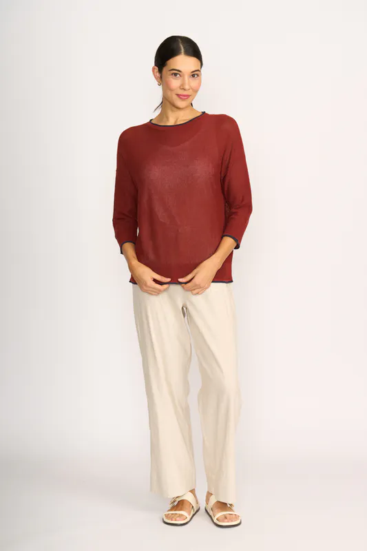 Model wearing Spice & Navy Contrast Edge Jumper By OH Three Available at Beetees Nelson