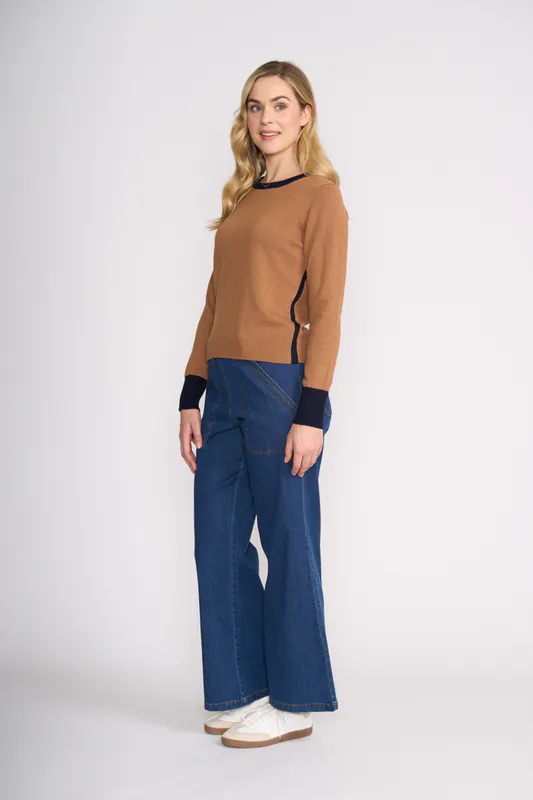 Model wearing Chestnut True Navy Contrast Jumper By OH Three Available at Beetees Nelson