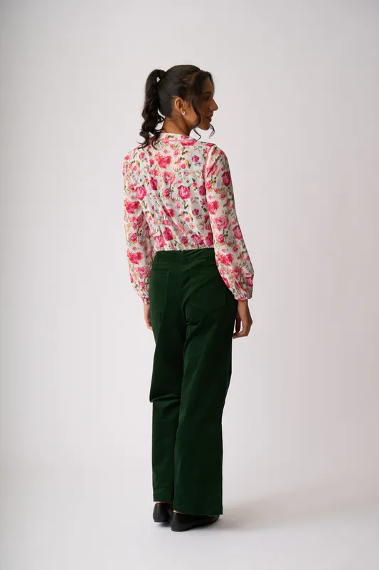 Model wearing Feminine Floral Ruffle & Lace Trim Blouse By Memo Available at Beetees Nelson