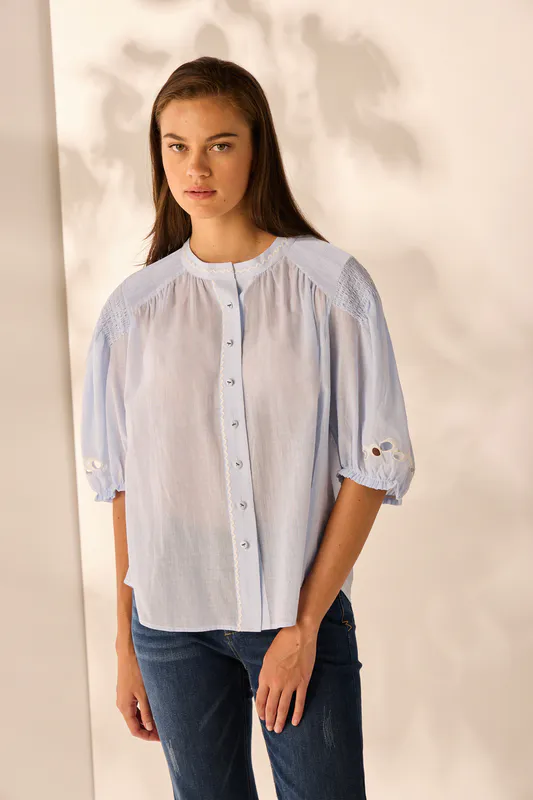 Model wearing Sky Stripe Capri Shirt By Lania Available at Beetees Nelson