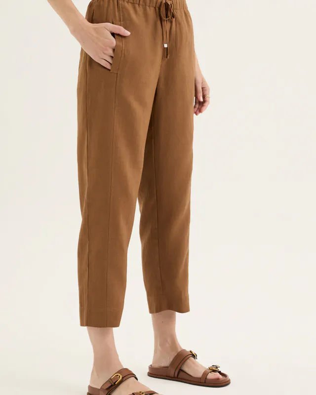 Model wearing Nutmeg Tirari Slim Pant By Yarra Trail Available at Beetees Nelson