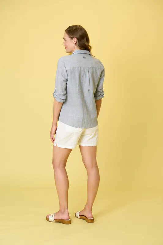 Model wearing Navy Stripe Arrowtown Shirt By Charlie Jane Available at Beetees Nelson