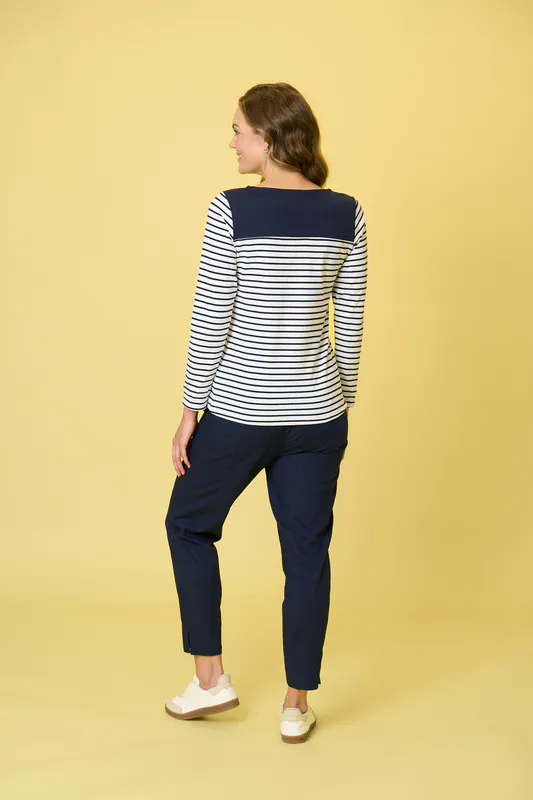 Model wearing White/ Navy Stripe Lyttelton Top By Charlie Jane Available at Beetees Nelson