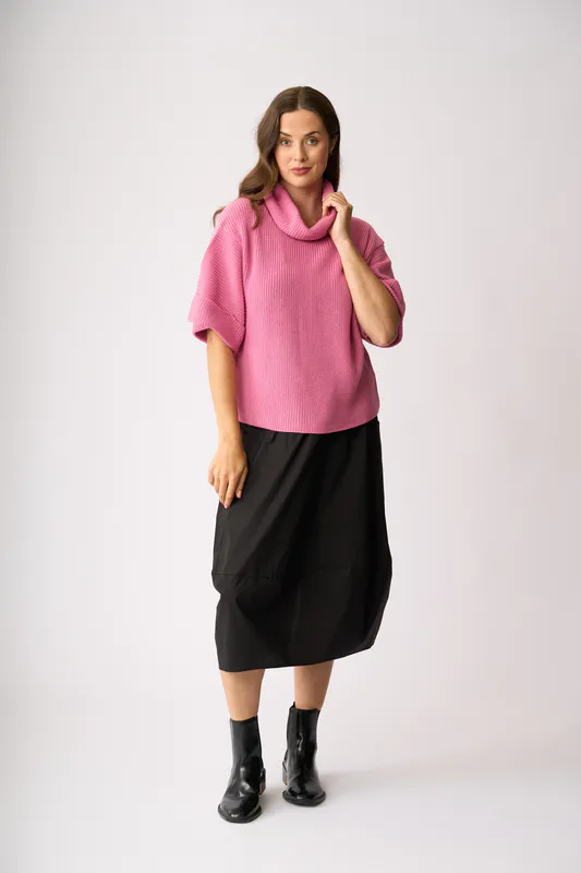 Model wearing Pink Cowl Neck Rib Jumper By Foil Available at Beetees Nelson