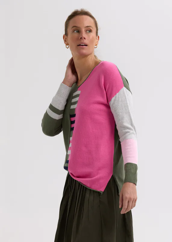 Model wearing Khaki Ladder Stripe V Jumper By Zaket & Plover Available at Beetees Nelson