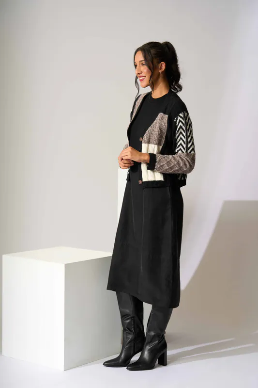 Model wearing Black Mix Cosy Cable Cardigan By Cardigan Available at Beetees Nelson