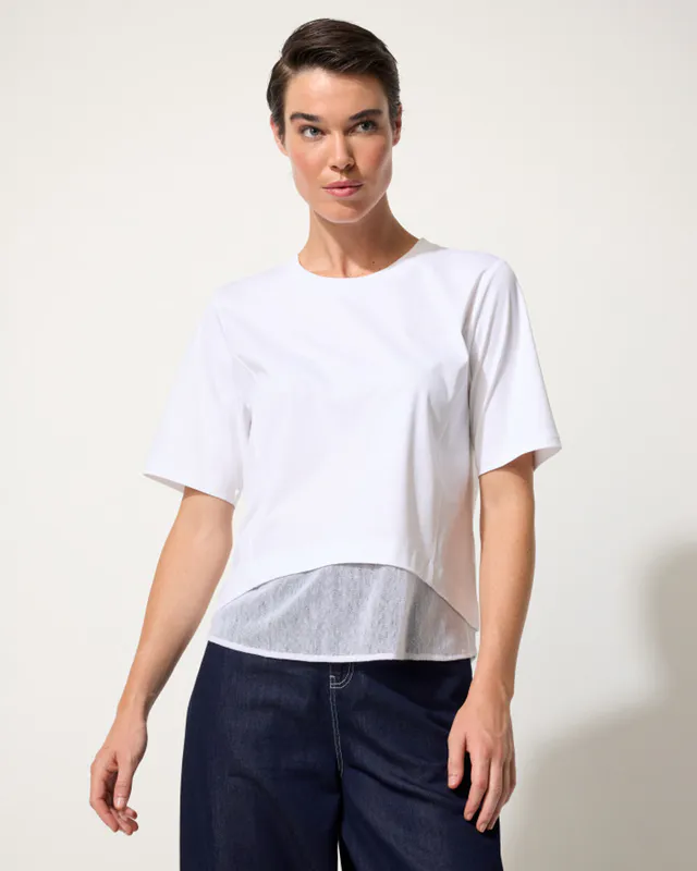 Model wearing White Mesh Panelled Tee By Marco Polo Available at Beetees Nelson