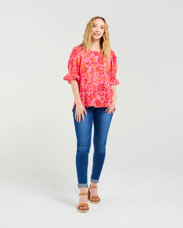 Model wearing Abstract Blush Sadie Top By Seduce Available at Beetees Nelson