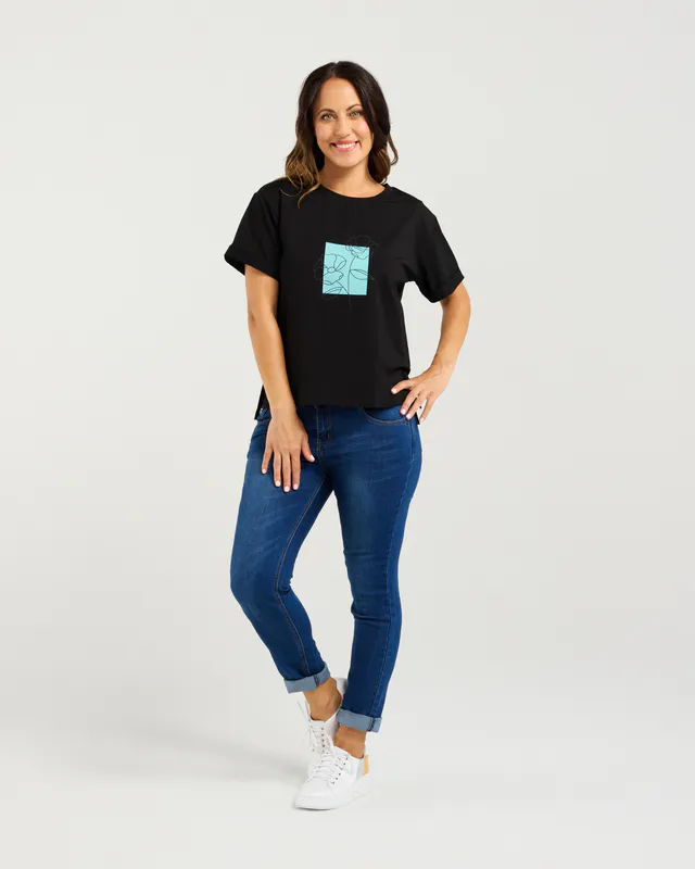 Model wearing Black Elena T-shirt By Zafina Available at Beetees Nelson