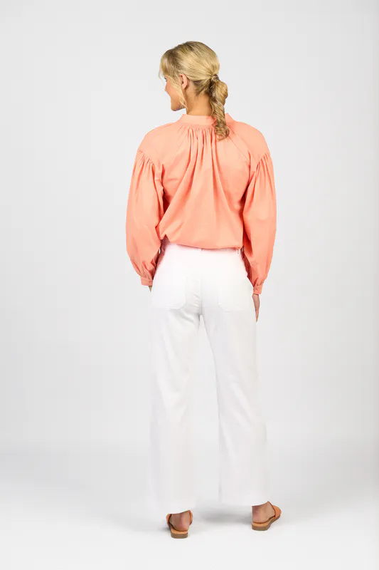 Model wearing White Denim Wide Leg Ankle Grazer Jean with Front Patch Pockets By Vassalli Available at Beetees Nelson