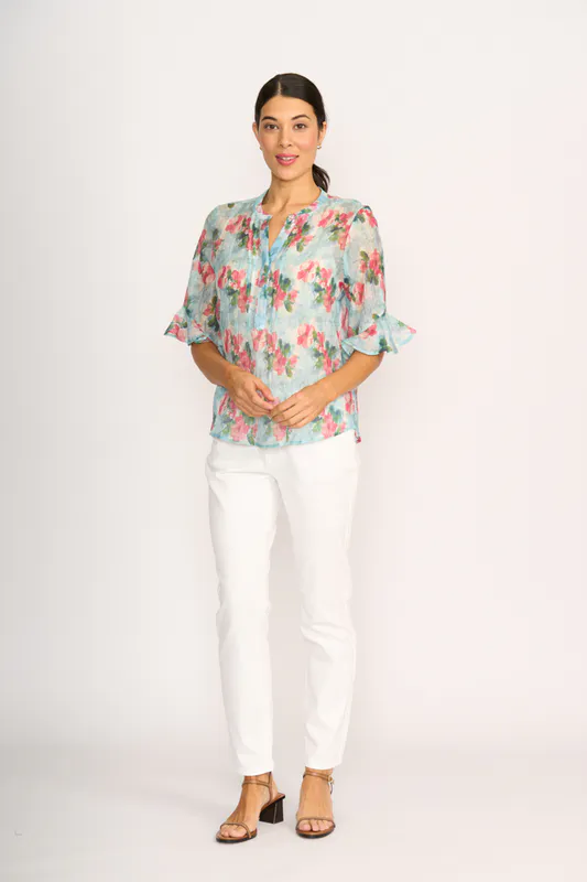 Model wearing Aqua Floral Shirt - Romantic Sleeve By Memo Available at Beetees Nelson