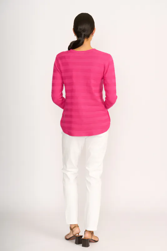 Model wearing Pink Jumper - Stripe Scoop By Foil Available at Beetees Nelson
