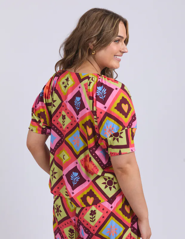 Model wearing Geo Print Rhode Top By Elm Available at Beetees Nelson