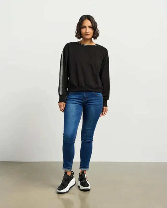 Model wearing Black Kerrin Sweat By Et Alia Available at Beetees Nelson