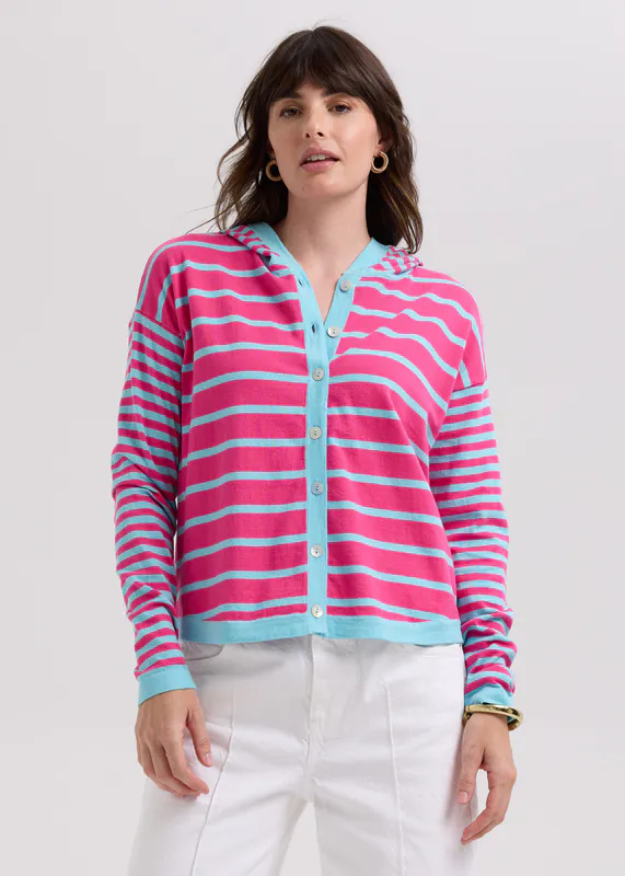 Model wearing Aqua Multi Stripe Hoodie By LD + CO Available at Beetees Nelson