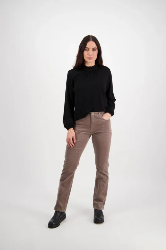 Model wearing Taupe Coloured Straight Leg Full Length Cord Pant with Fly By Vassalli Available at Beetees Nelson