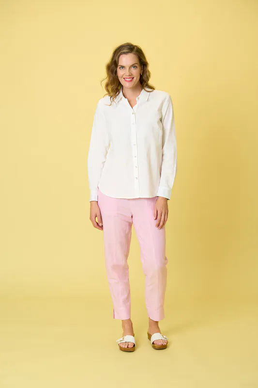 Model wearing White Arrowtown Shirt By Charlie Jane Available at Beetees Nelson