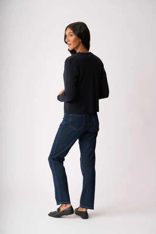 Model wearing True Navy Ewe Two Cardigan By Foil Available at Beetees Nelson