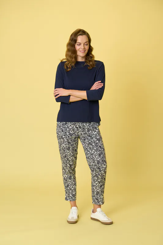 Model wearing Navy Matheson Tee By Charlie Jane Available at Beetees Nelson