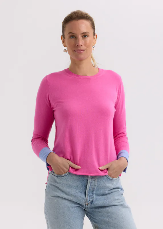 Model wearing Pink Elbow Patch Jumper By Zaket & Plover Available at Beetees Nelson