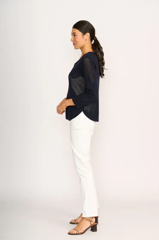 Model wearing True Navy Make My Daisy Sweater By Foil Available at Beetees Nelson