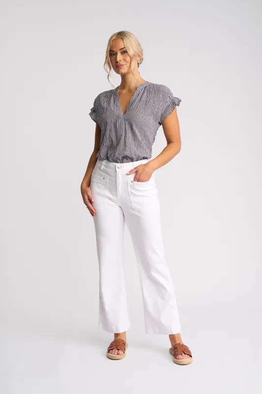 Model wearing White Denim Villa Jean By Vassalli Available at Beetees Nelson