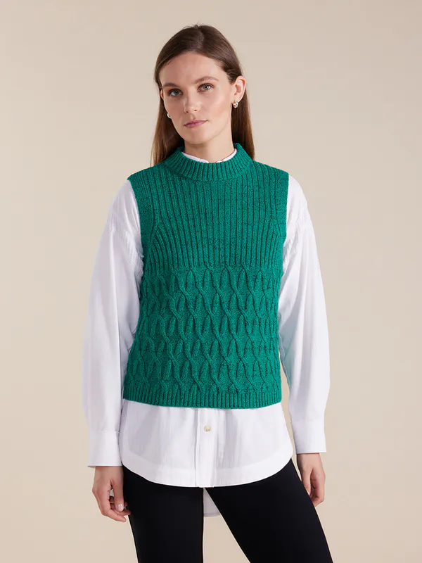 Model wearing Green Cable Knit Vest By Marco Polo Available at Beetees Nelson