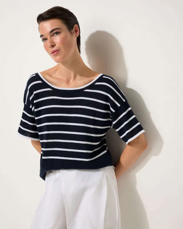 Model wearing Ink/White Two Way Stripe Knit By Marco Polo Available at Beetees Nelson