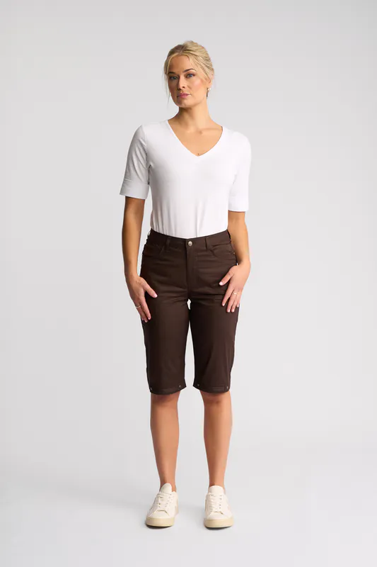 Model wearing Chocolate Custom Poplin Short By Vassalli Available at Beetees Nelson