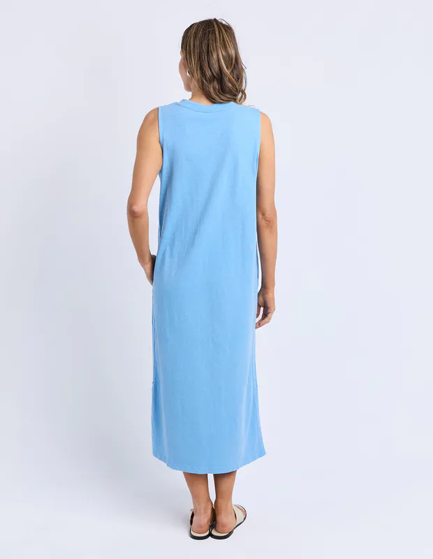 Model wearing Navy Elysian Dress By Elm Available at Beetees Nelson