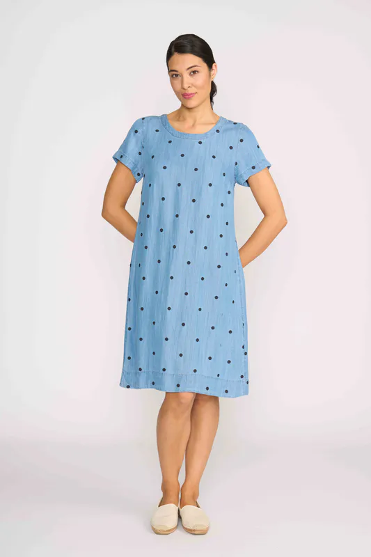 Model wearing Blue Spot Short Sleeve A Line Dress By OH Three Available at Beetees Nelson