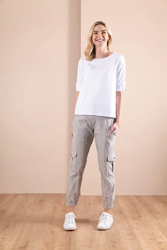 Model wearing Trousers - The works By Esplanade, available at Beetees Nelson (Only in Bay Leaf and Orbit Colours)