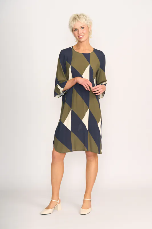 Model wearing Geo Dress - Shift, Fluted Sleeve By Foil Available at Beetees Nelson